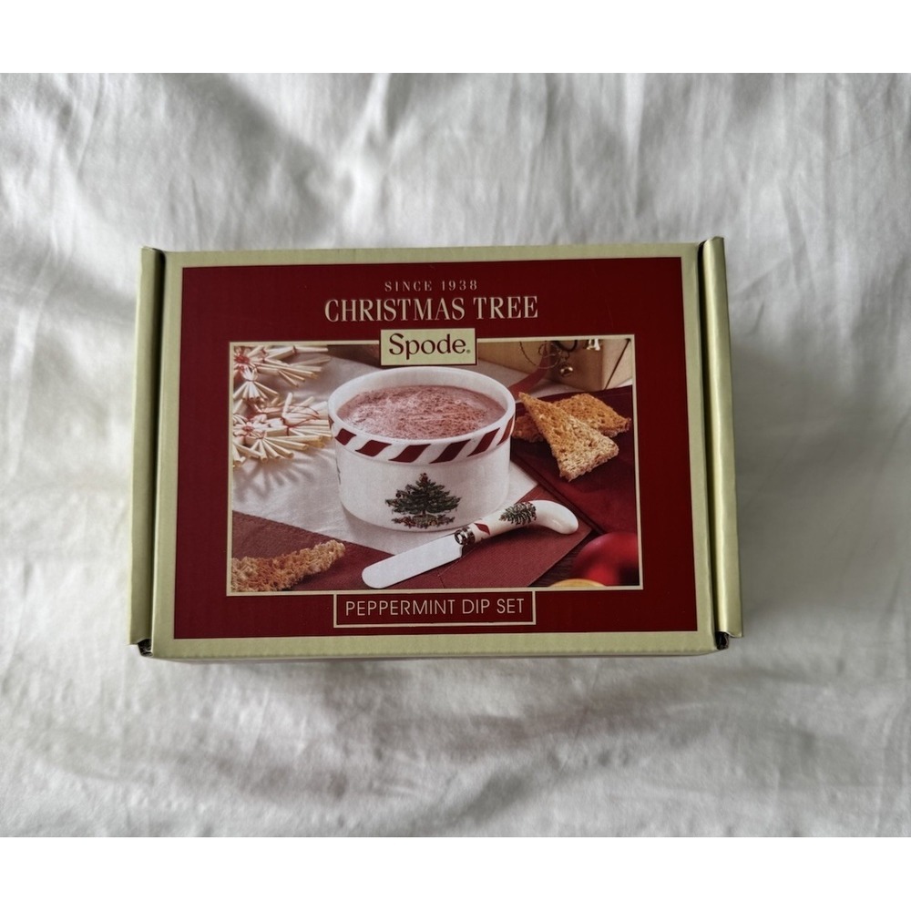 Spode Christmas Tree PEPPERMINT DIP SET Ramekin 4" & Spreader 5.5" New In Box